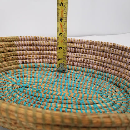 Handmade Senegal Woven Sea Grass Basket Recycled Plastic Astou Dioum Teal Wrap