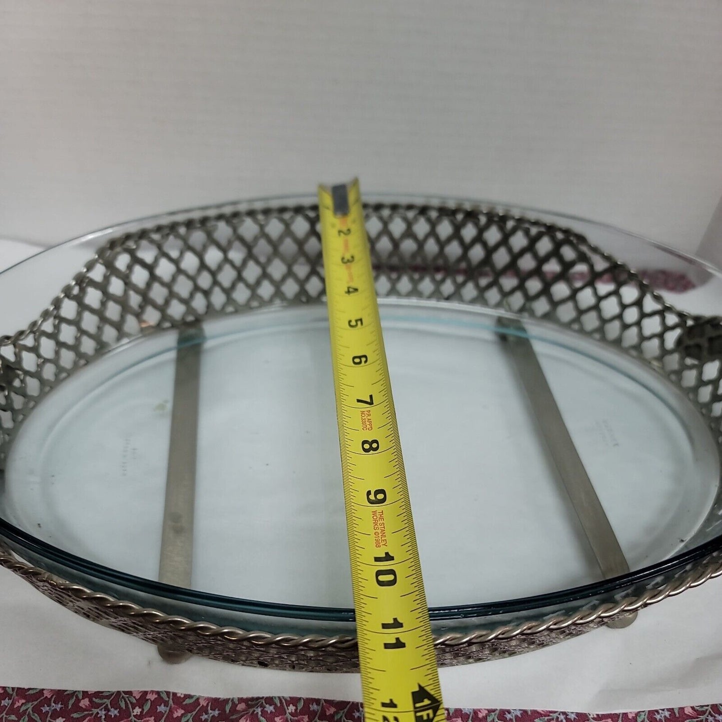 15" Large oval Vintage Silver Plate Serving Dish Stand W/ Marinex Glass 3" deep