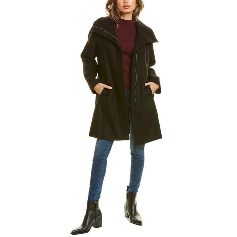 Nine West Wool Blend Winter Coat Jacket Front Full Zip Solid Green Size Large