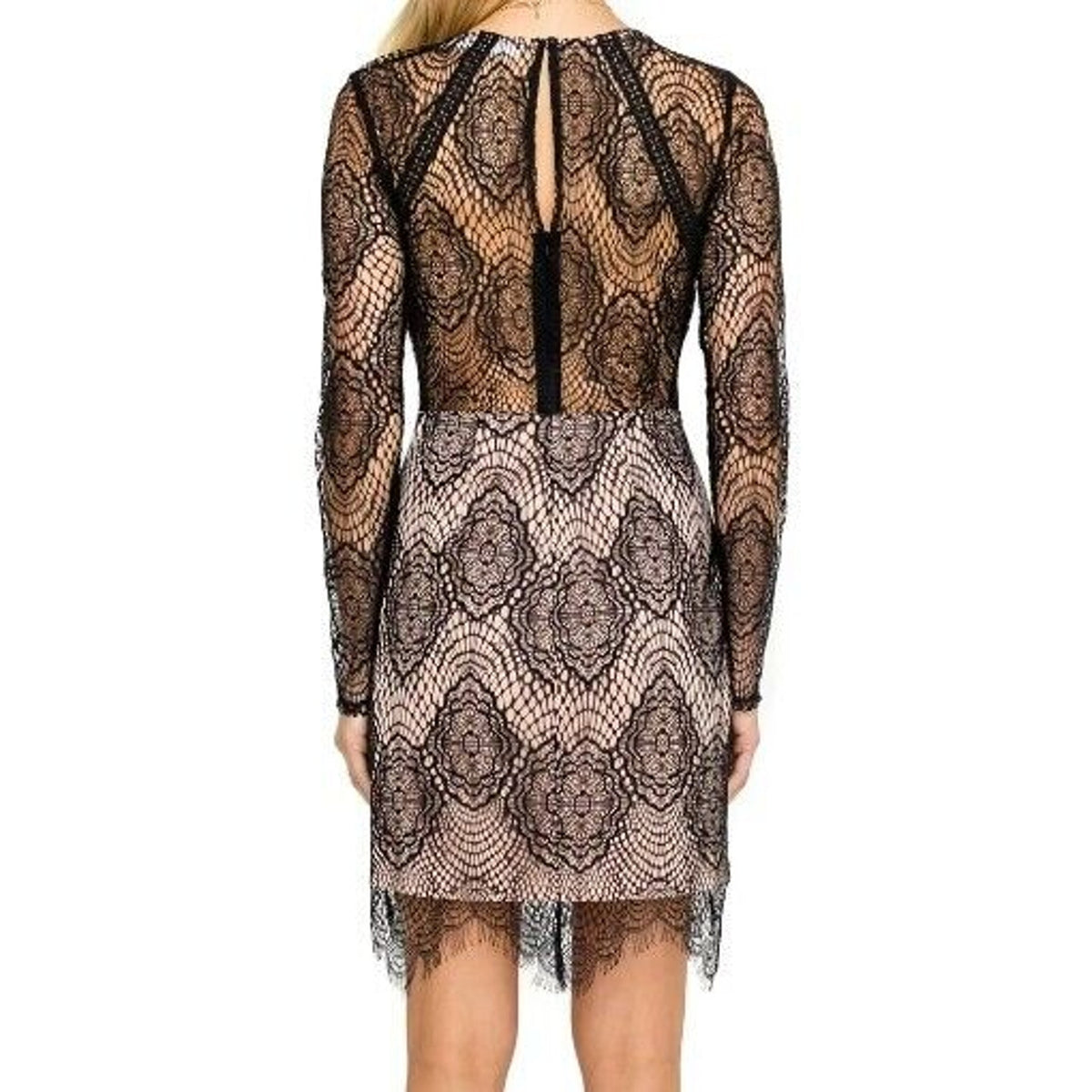 ASTR The Label Black Nude Long Sleeve Lace Illusion Bodycon Mini Dress Small NWT
