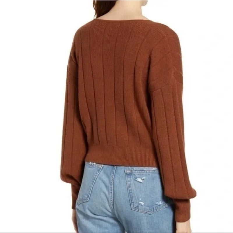 Leith Women's Wide Rib Sweater Large Brown Shell NWT V-Neck Surplice Faux Wrap