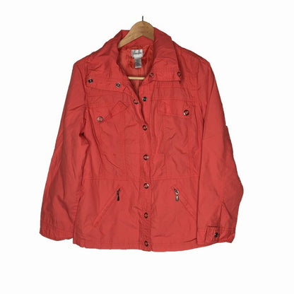 Chico's Snap Button Jacket Long Sleeve Zip Pockets Solid Red Size Large or 2