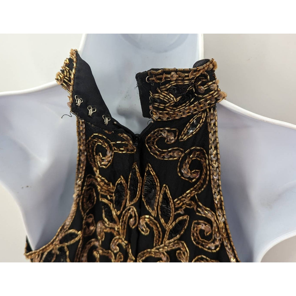 Michael Angelo Beaded Dress Black Gold Silk Sequin Gown Halter Sleeveless Small