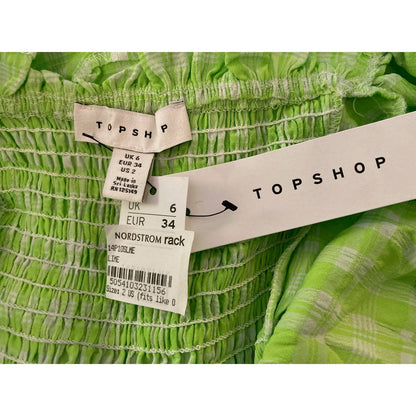 Topshop Ruched Bow Front Scoop Neck Puff Sleeve Romper US Size 2 Lime Plaid NWT