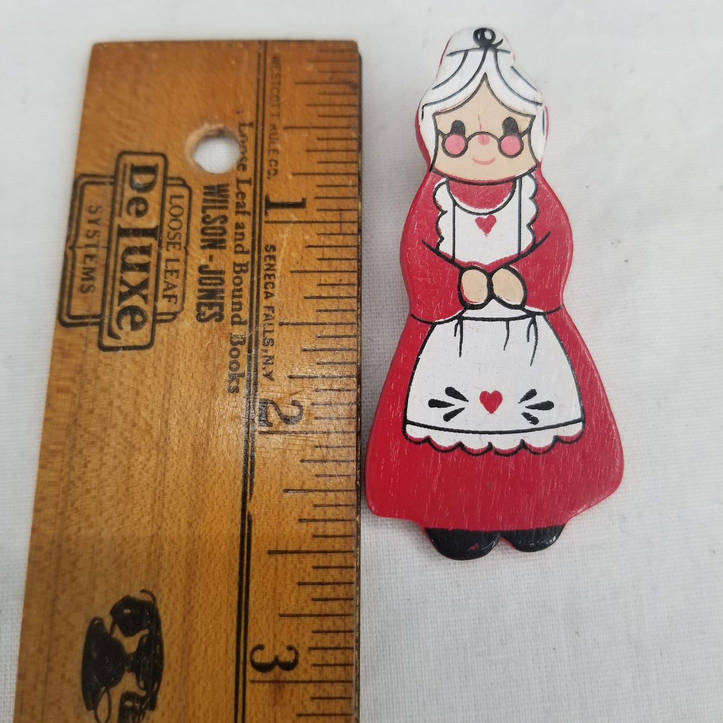 Vintage Wooden Granny Pin Red Dress Apron Brooch Costume Jewelry