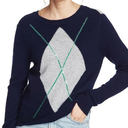 Court & Rowe Pullover Sweater Stretch Argyle Grey Blue Merino Wool NEW Size Small