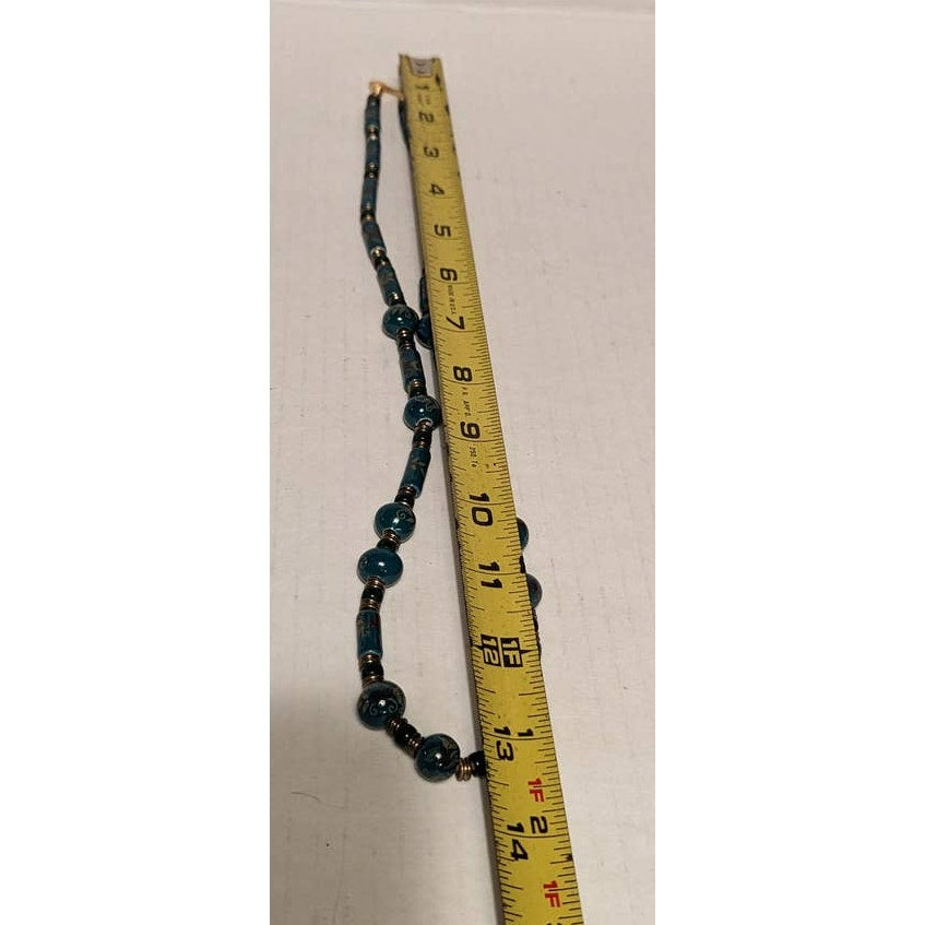 Vintage Green Teal glass Ceramic Painted Bead Necklace Floral Gold Tone 12" hang