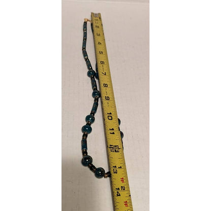 Vintage Green Teal glass Ceramic Painted Bead Necklace Floral Gold Tone 12" hang