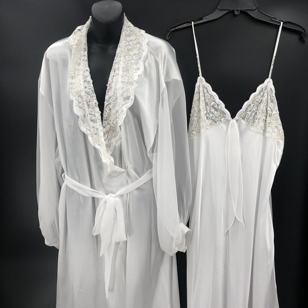Etienne White Lace Puff Sleeve Rob Set Negligee Pajama Large Peignoir Honeymoon