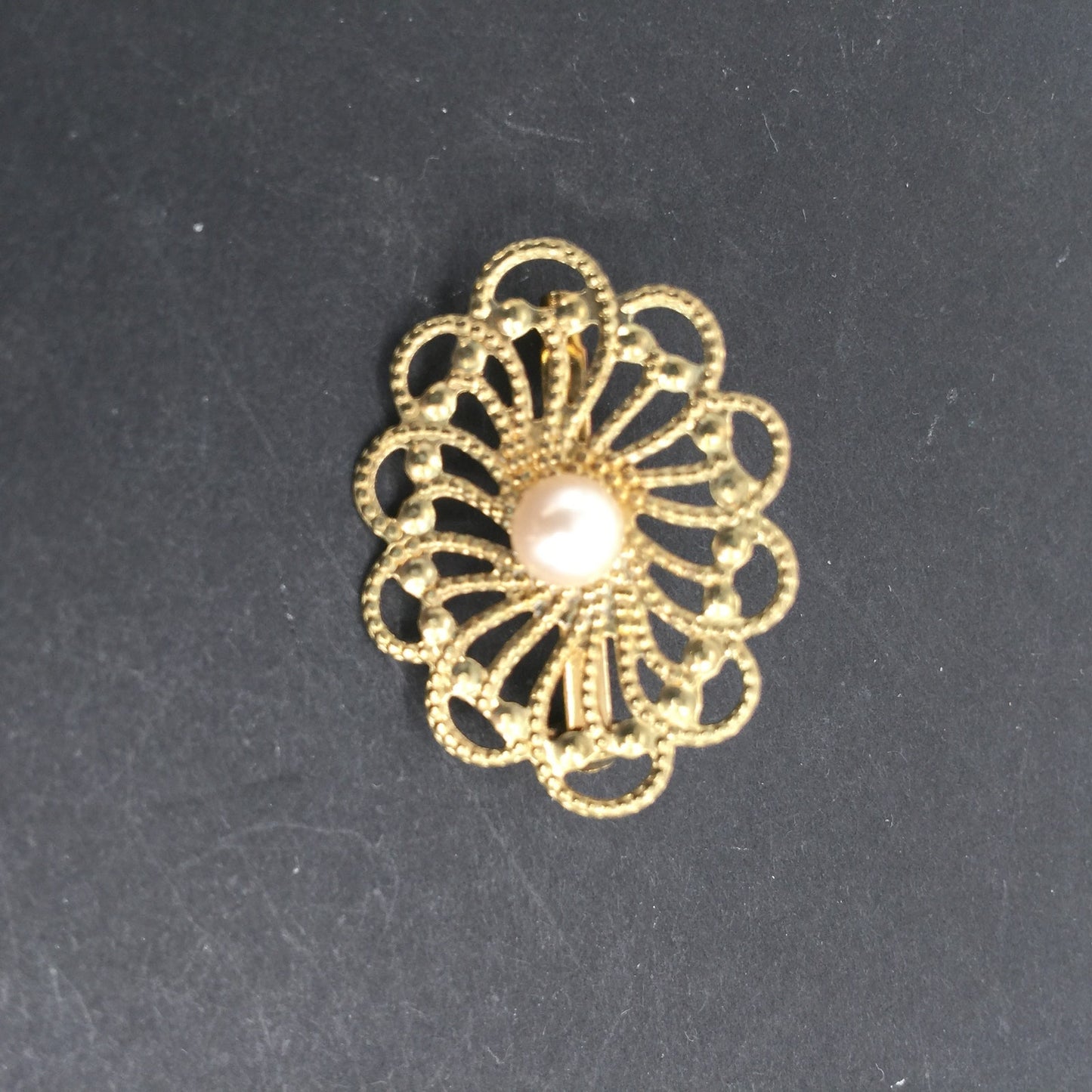 Vintage Golden Brooch  Spiral Oval Faux Pearl Center Filigree Pin