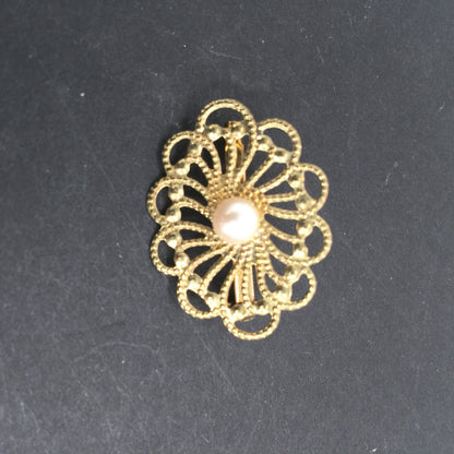 Vintage Golden Brooch  Spiral Oval Faux Pearl Center Filigree Pin