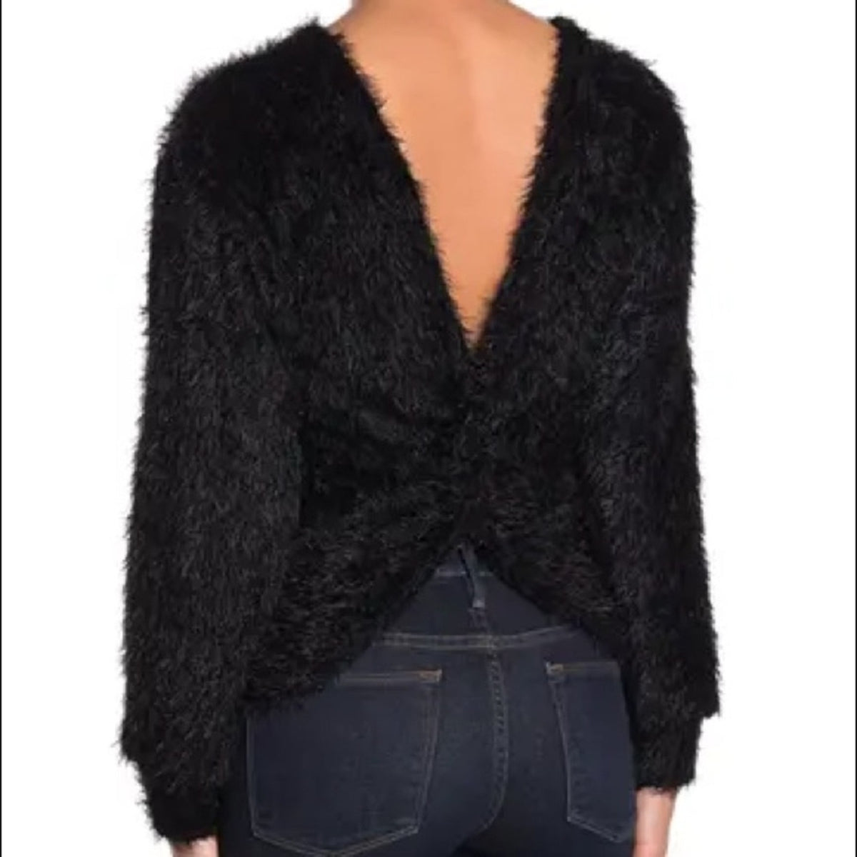 Lush Black Back Knot Detail Shaggy Sweater Small V Neck Cut out back detail
