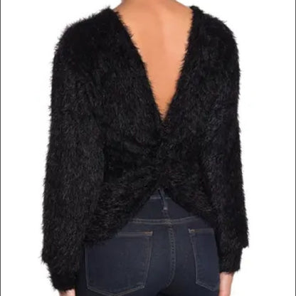 Lush Black Back Knot Detail Shaggy Sweater Small V Neck Cut out back detail
