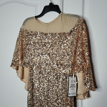Betsy & Adam Sequin Mesh Overlay Gown Formal Dress Wedding Champagne Gold Size 4