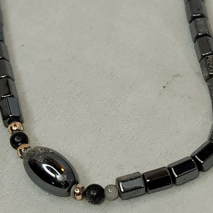 Vintage Hematite 16" Necklace Polished Barrel Shaped Bead Excellent Condition