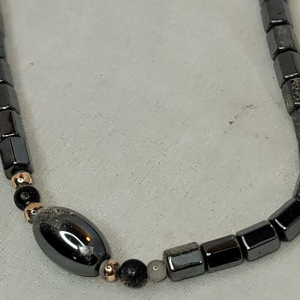 Vintage Hematite 16" Necklace Polished Barrel Shaped Bead Excellent Condition
