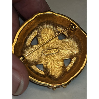 Monet Black and Golden Square Cross Circle Brooch Pin Vintage Jewelry Accessory
