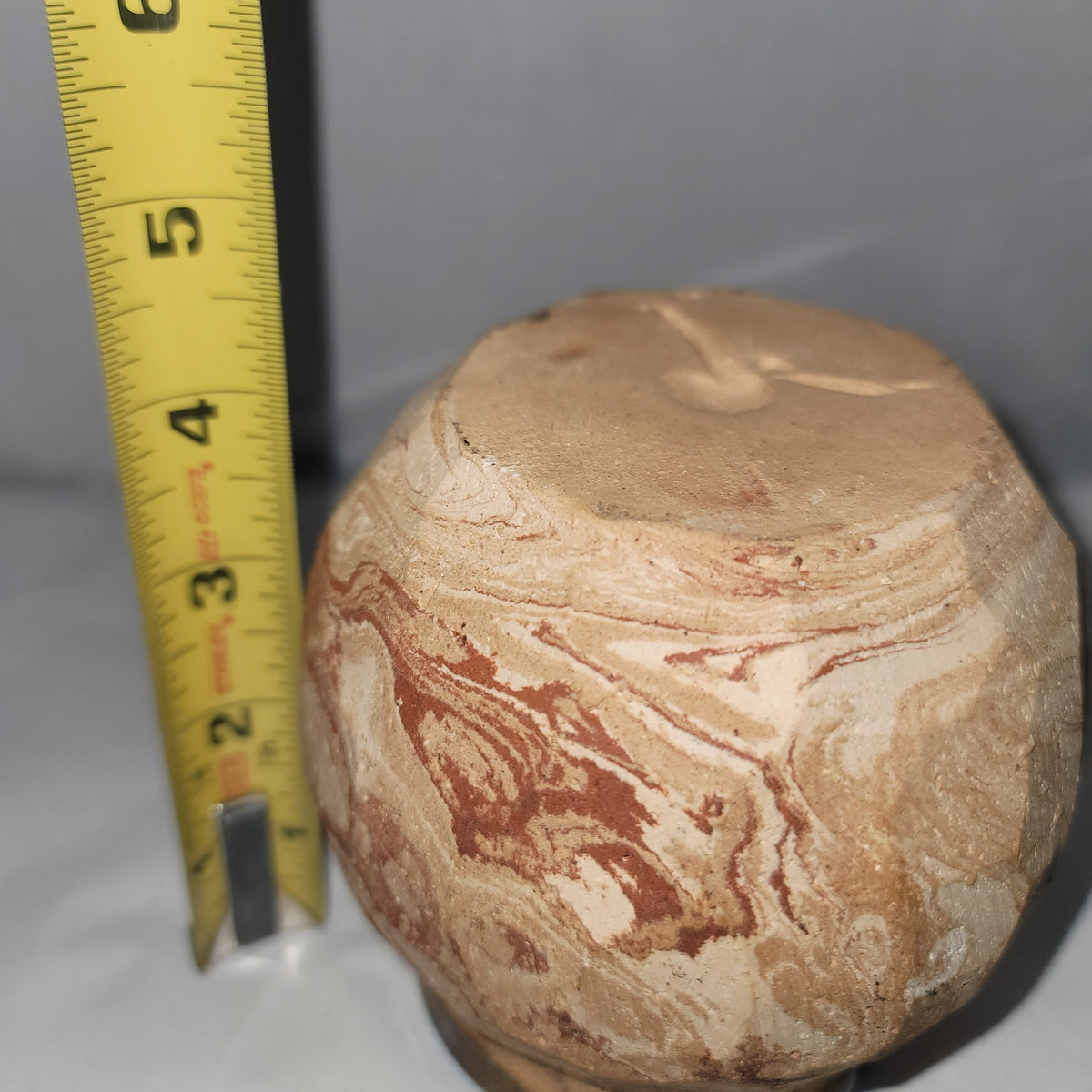 Art pottery clay vase shell imprinted earth tones Blue glaze Inside 4" handmade