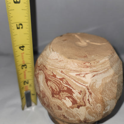 Art pottery clay vase shell imprinted earth tones Blue glaze Inside 4" handmade