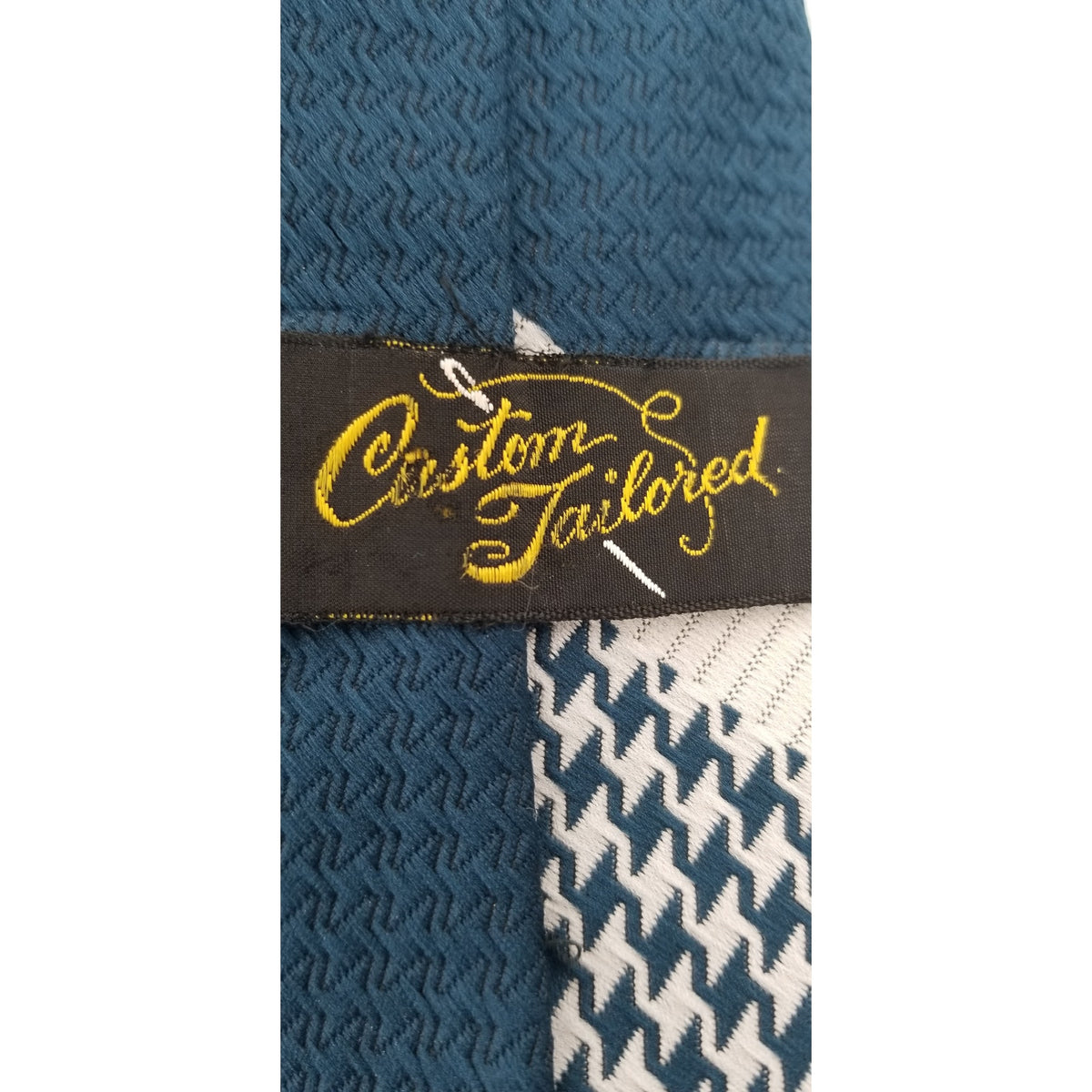 Custom Tailored Vintage Mens Neck Tie 56" Houndstooth Blue White