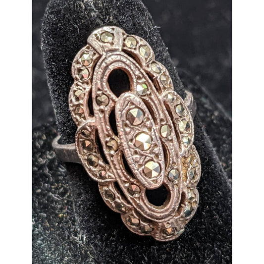 Vintage 925 Sterling Silver Marcasite Ring Ornate Setting Size 6.5