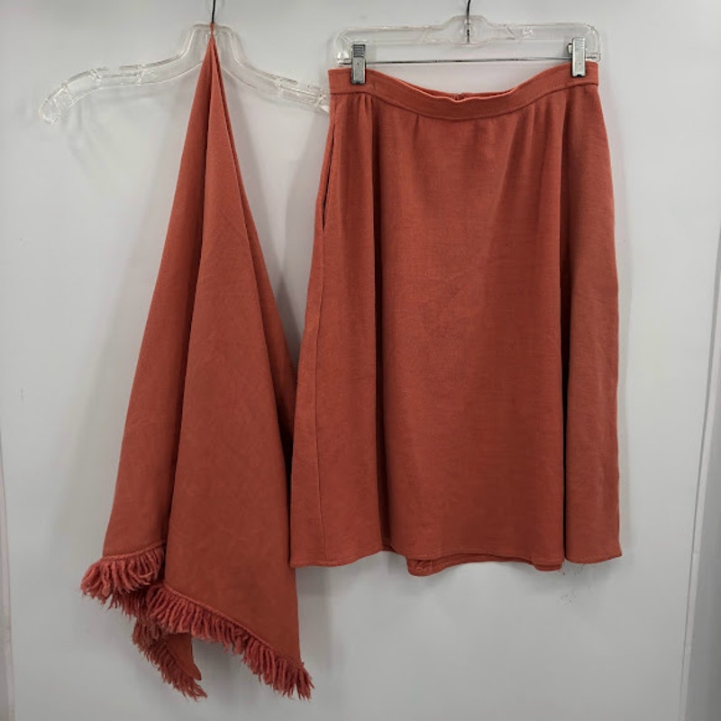 Vintage 2 Piece Skirt Matching Shawl Scarf Top Rose Brown Fringe Medium