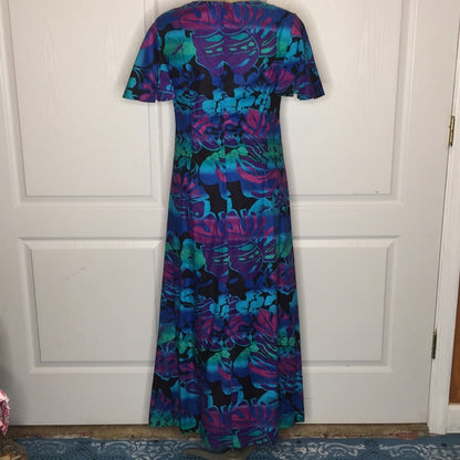 Vintage Hawaiian Bell Flutter Sleeve Florals MEDIUM metal zipper Maxi Dress 1960