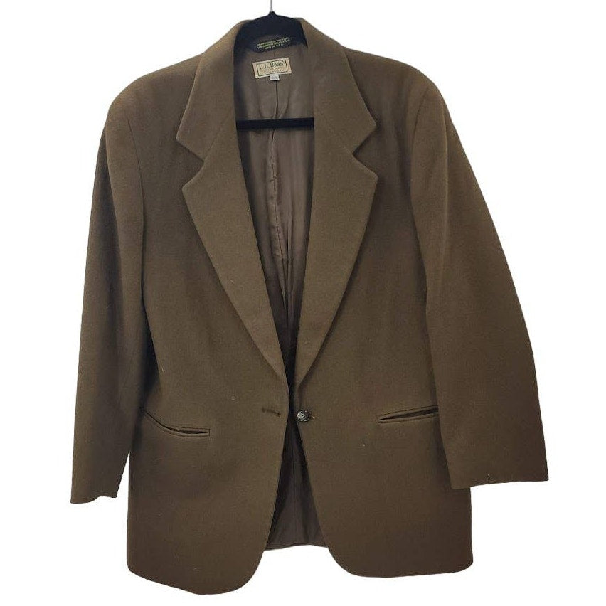 L.L. Bean Womans Olive Green Jacket Blazer Wool Vintage One Button Pockets
