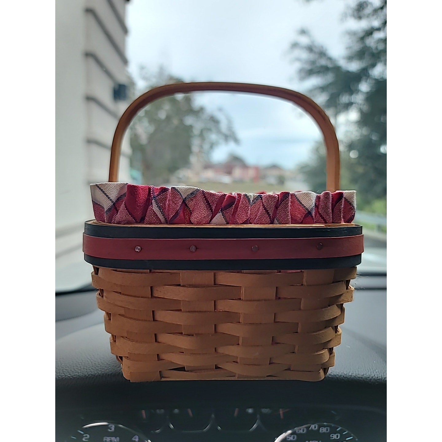 Longaberger basket small red green plaid insert Berry picker Handwoven 2001 Ohio