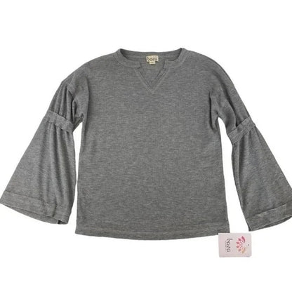 Baea Los Angeles Raw Seams Waffle Thermal Bell Sleeve Top Sz Small Grey NWT