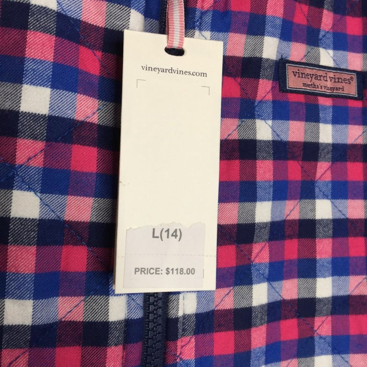 Vineyard Vines Vest Pink Blue  Full-Zip Plaid NEW Size 14 Large YOUTH child Girl