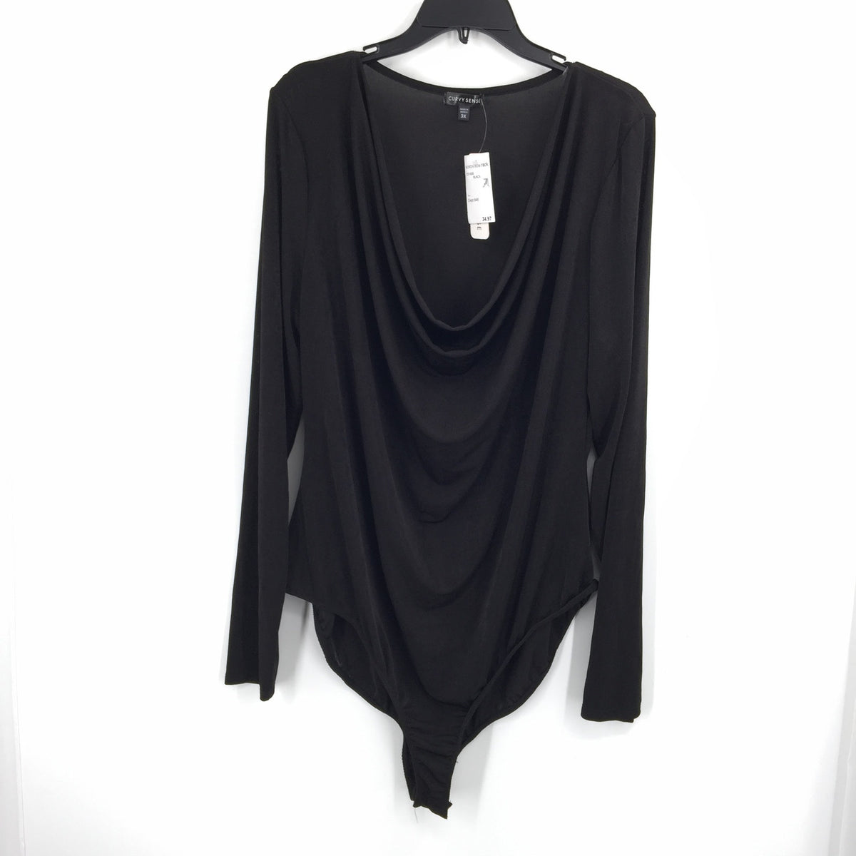 Curvy Sense Knitted XL BodySuit loose Cowl Neck Draped Long Sleeve Black Size 1X