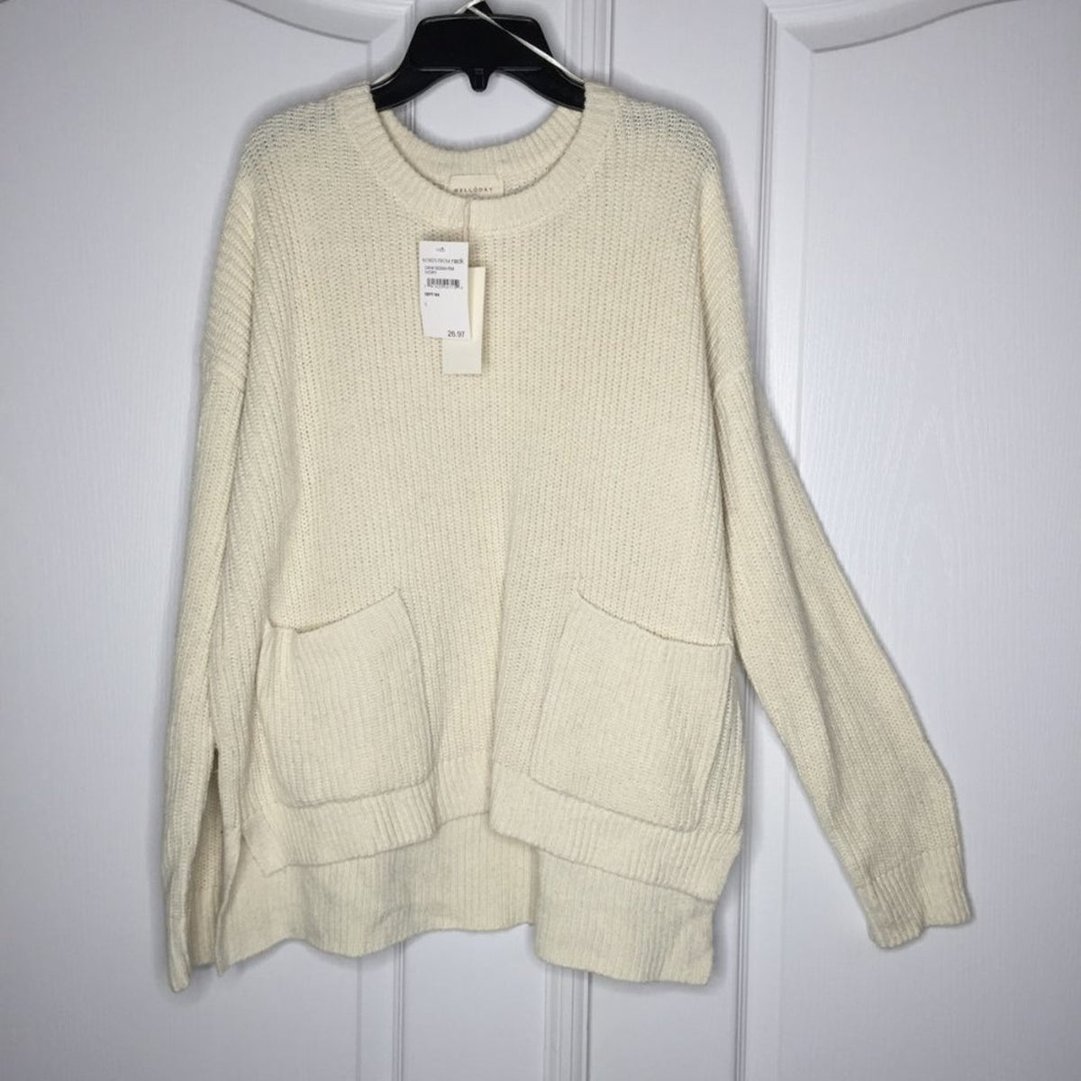 Melloday Knit Pullover Sweater Long Sleeve Crew Neck Two Pocket Ivory NEW Large