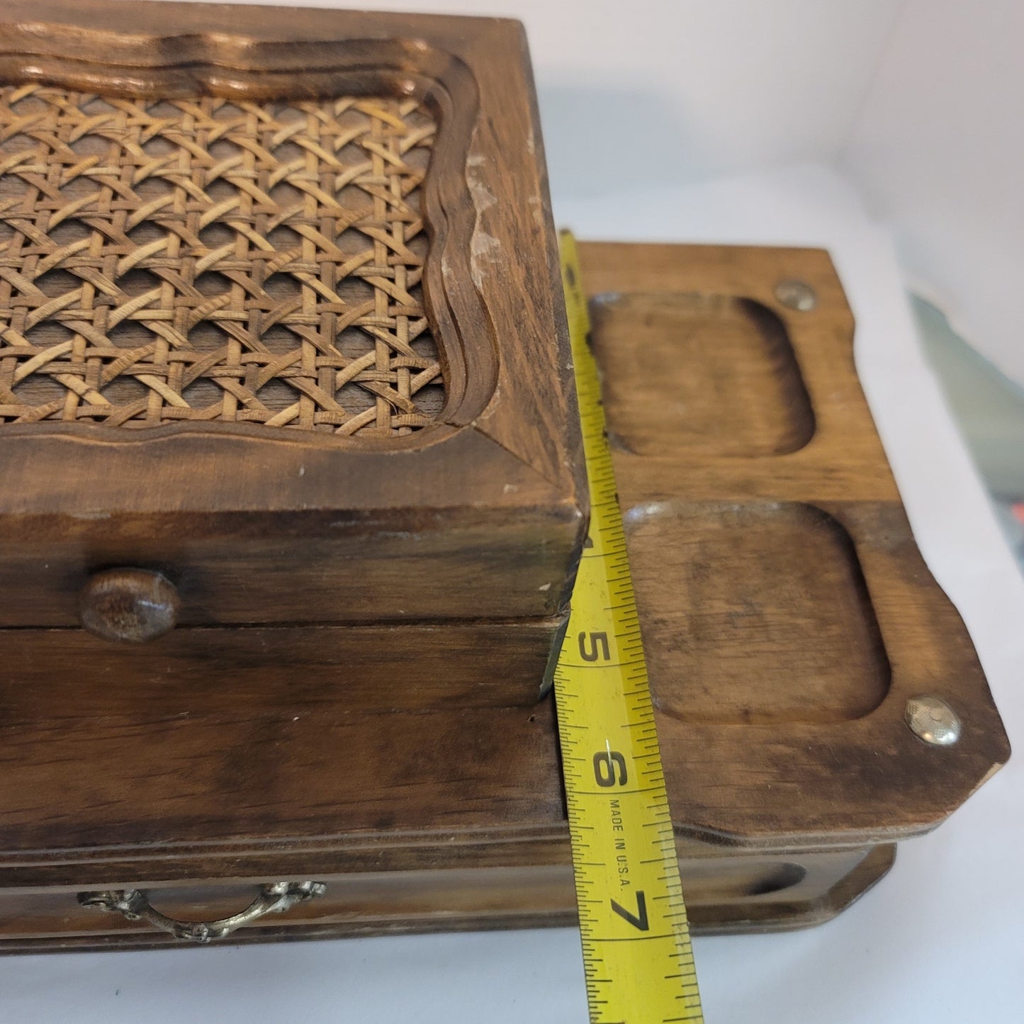 MCM tabletop valet Jewelry box Trinket Box Wood Rattan Vintage Watches rings