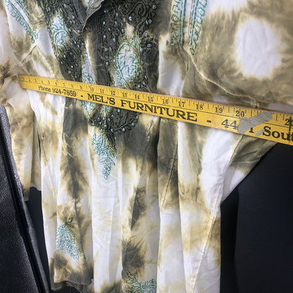 Vintage Tie Dye Sequin Embroidered Long Sleeve Tunic Top Green White Boho MEDIUM