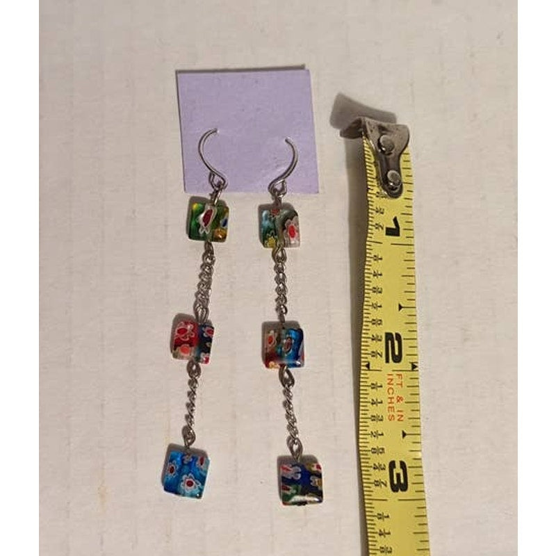 Vintage handmade Jewelry Dangle Earring Chain 3 Square Glass Millefiori Beads