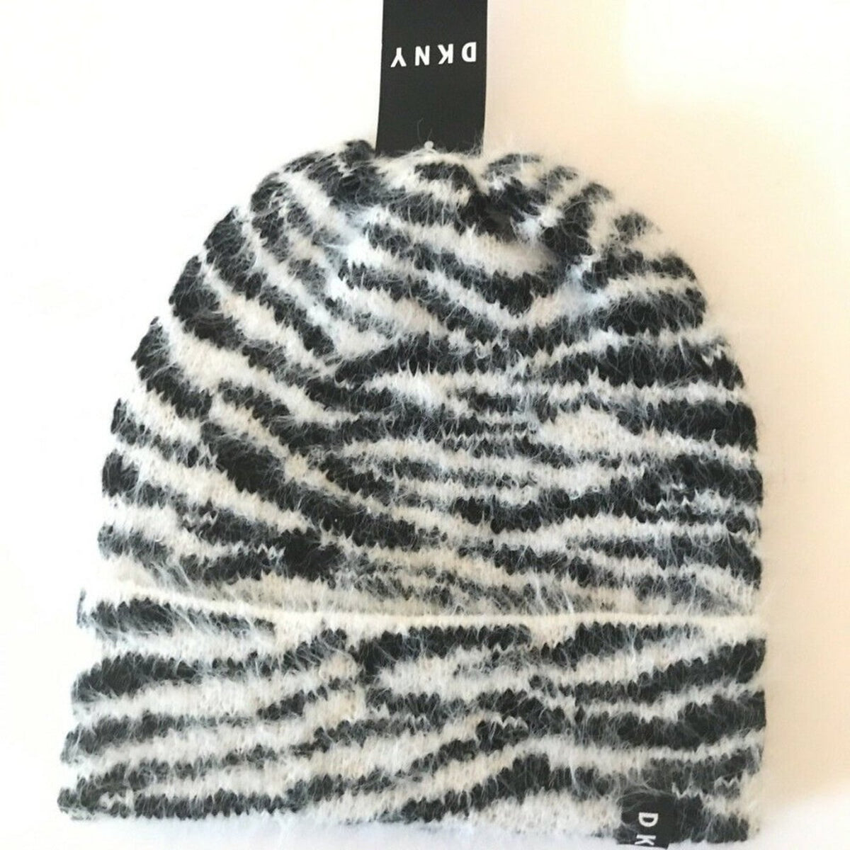 DKNY Fuzzy Animal Print Beanie Winter Hat New ZEBRA striped ONE SIZE warmer NEW