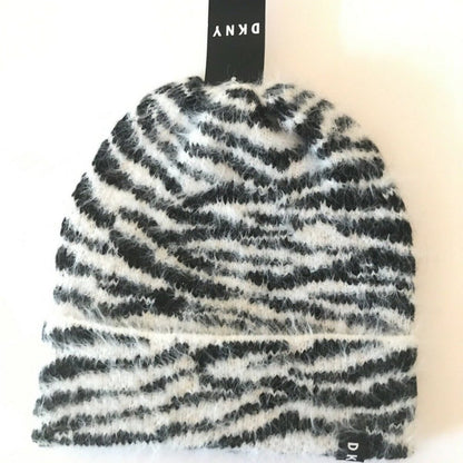 DKNY Fuzzy Animal Print Beanie Winter Hat New ZEBRA striped ONE SIZE warmer NEW