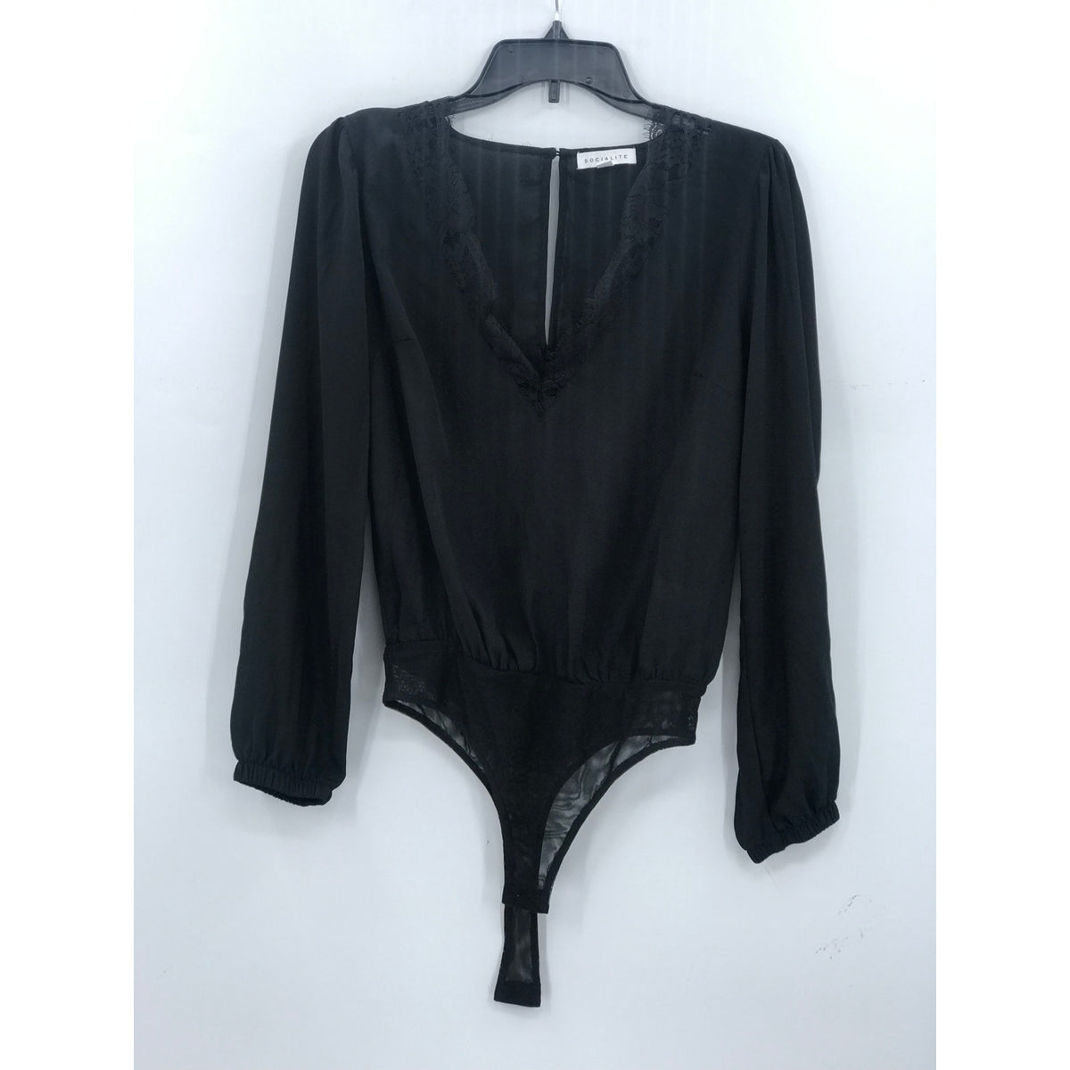 Socialite Lace Trim V-Neck Black Bodysuit XS extra small long sleeve NEW Snap