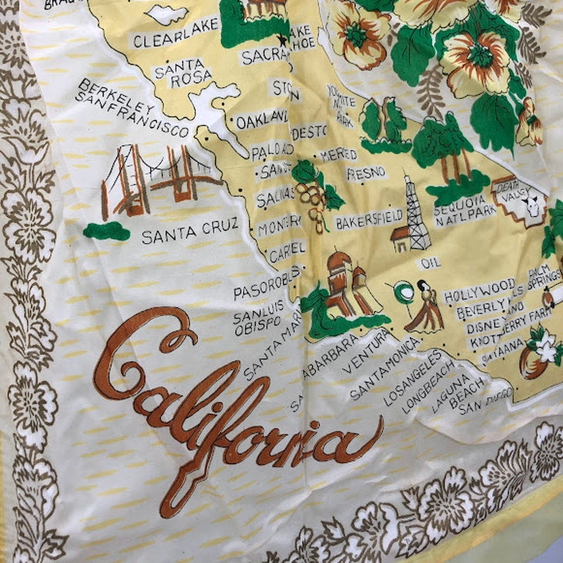 P. Shuman Co. Japan Rayon VINTAGE yellow California Map Sheer Apron 1950s
