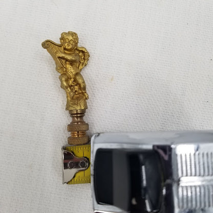 Vintage Pair Gold Tone Angels Playing Harps Brass Metal Lamp Finials