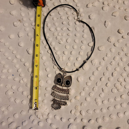 Handmade Owl reticulated on black necklace silvertone Madeira Portugal