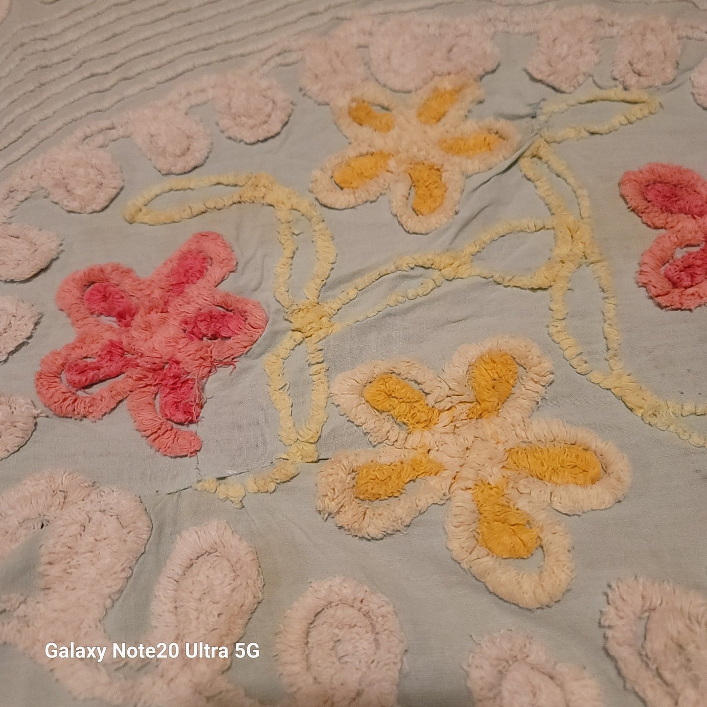 Chenille bedspread blanket Coverlet Flower NEED REPAIR blue red yellow FULL