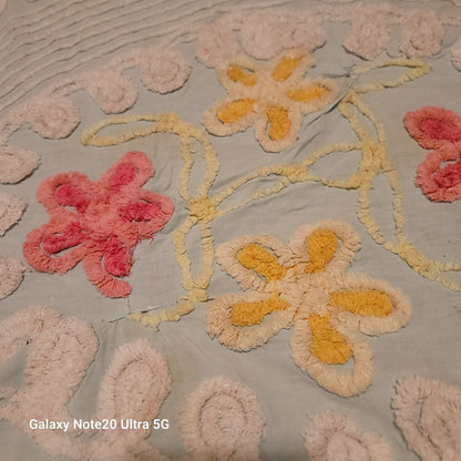 Chenille bedspread blanket Coverlet Flower NEED REPAIR blue red yellow FULL