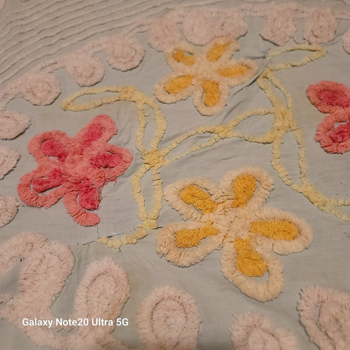 Chenille bedspread blanket Coverlet Flower NEED REPAIR blue red yellow FULL