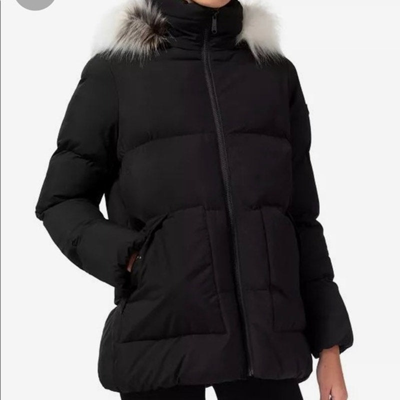 Sam Edelman Faux Fur Trimmed Hooded Zip Front Puffy Parka Size Medium Black NWT