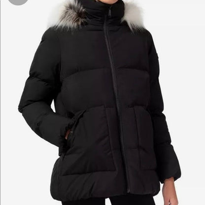 Sam Edelman Faux Fur Trimmed Hooded Zip Front Puffy Parka Size Medium Black NWT