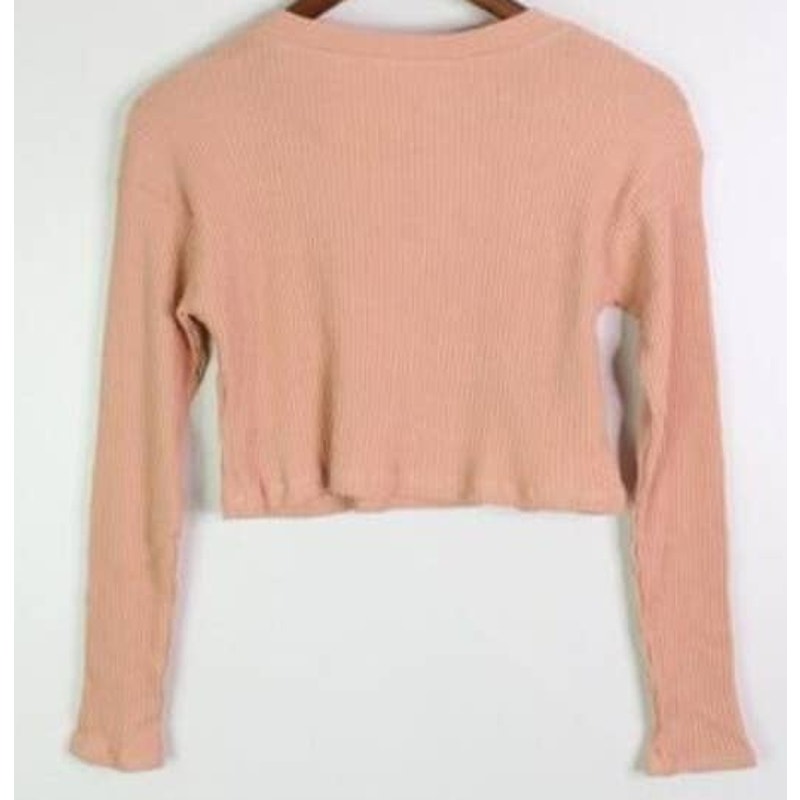 Lush Crop Top Small Cafe Creme/Peach NEW Rib Knit Buttoned Henley Long Sleeves