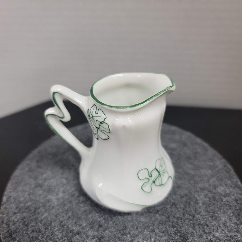 181 Belleek ini milk creamer porcelain hand painted white green pitcher