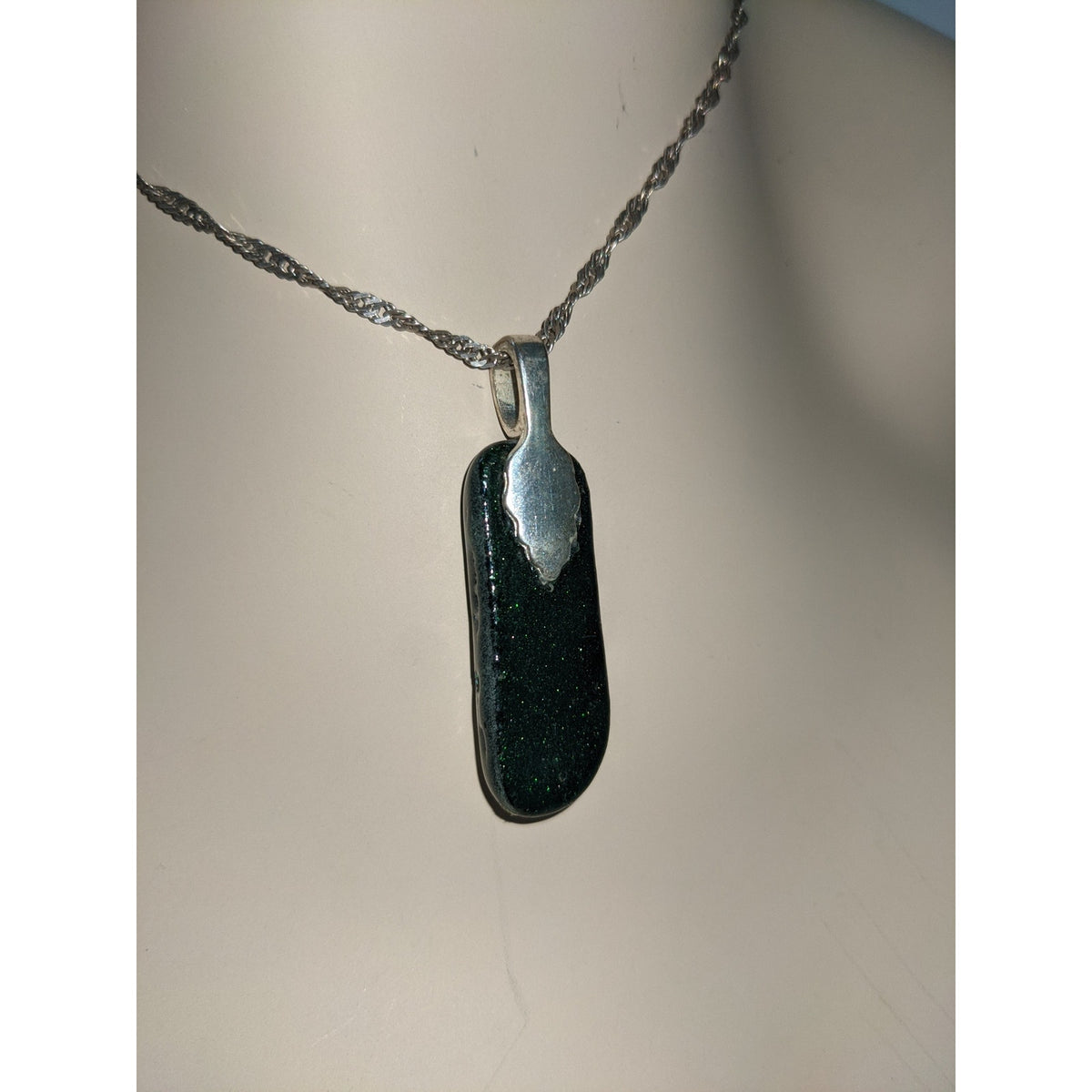 Vintage Dark Green Iridescent Rainbow Glass Opalescent Silver Pendant